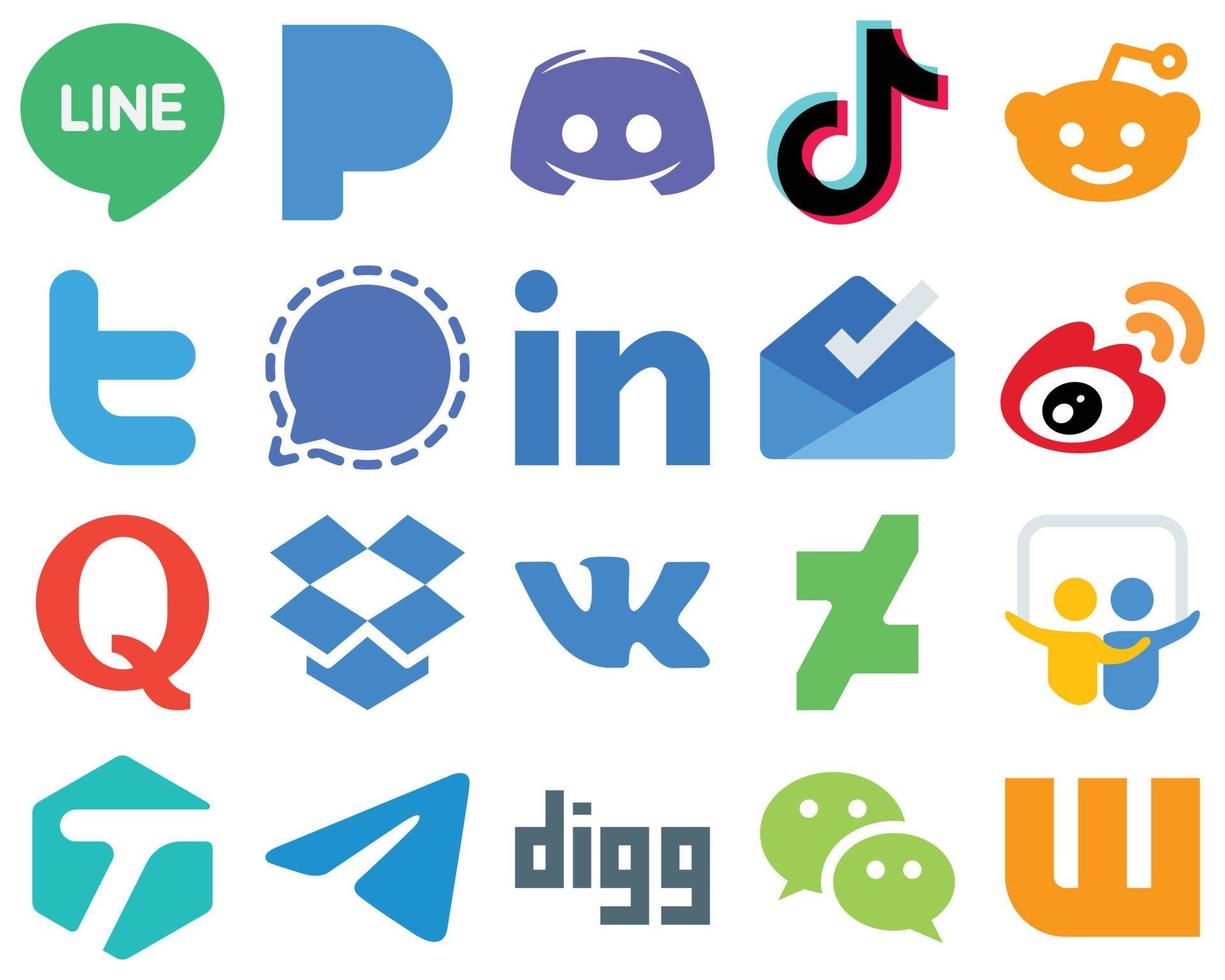 20 Flat Social Media Icons for a Minimalistic Design linkedin. mesenger. video. signal and twitter icons. Unique Gradient Icon Set vector
