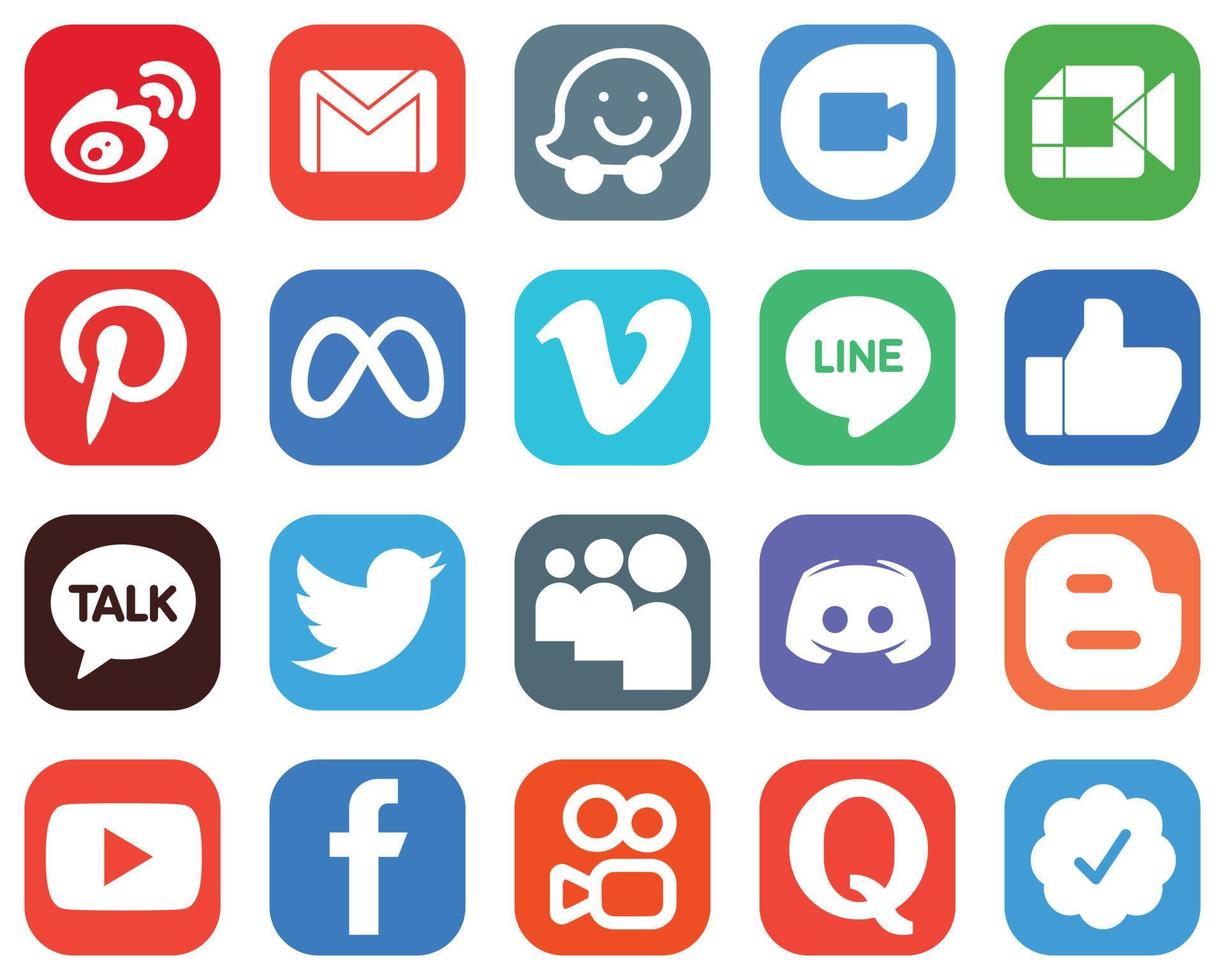 20 íconos profesionales de redes sociales como line. vimeo dúo de google. iconos de facebook y pinterest. paquete de iconos degradados vector