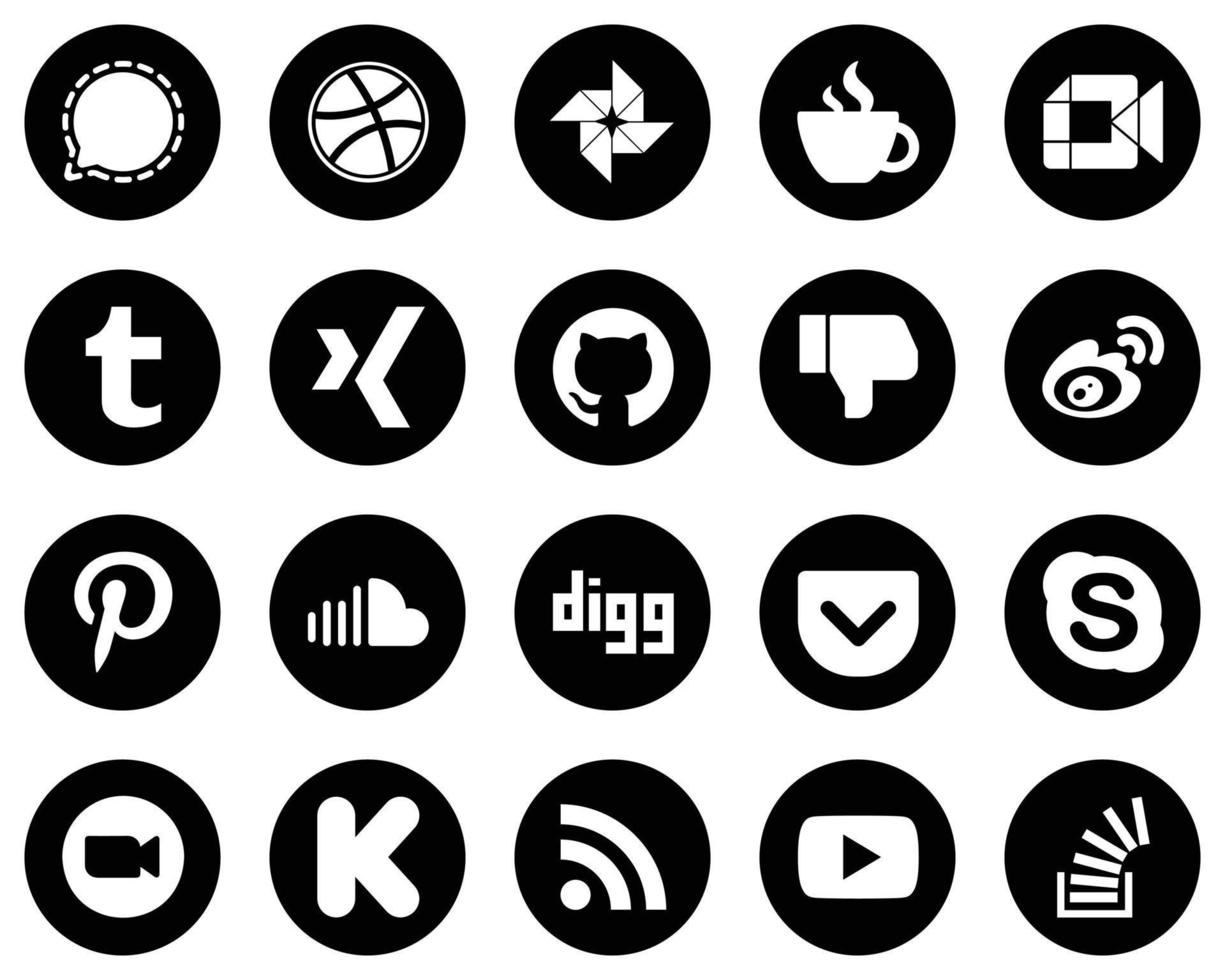 20 Clean White Social Media Icons on Black Background such as sina. facebook. google meet. dislike and xing icons. Versatile and high-quality vector