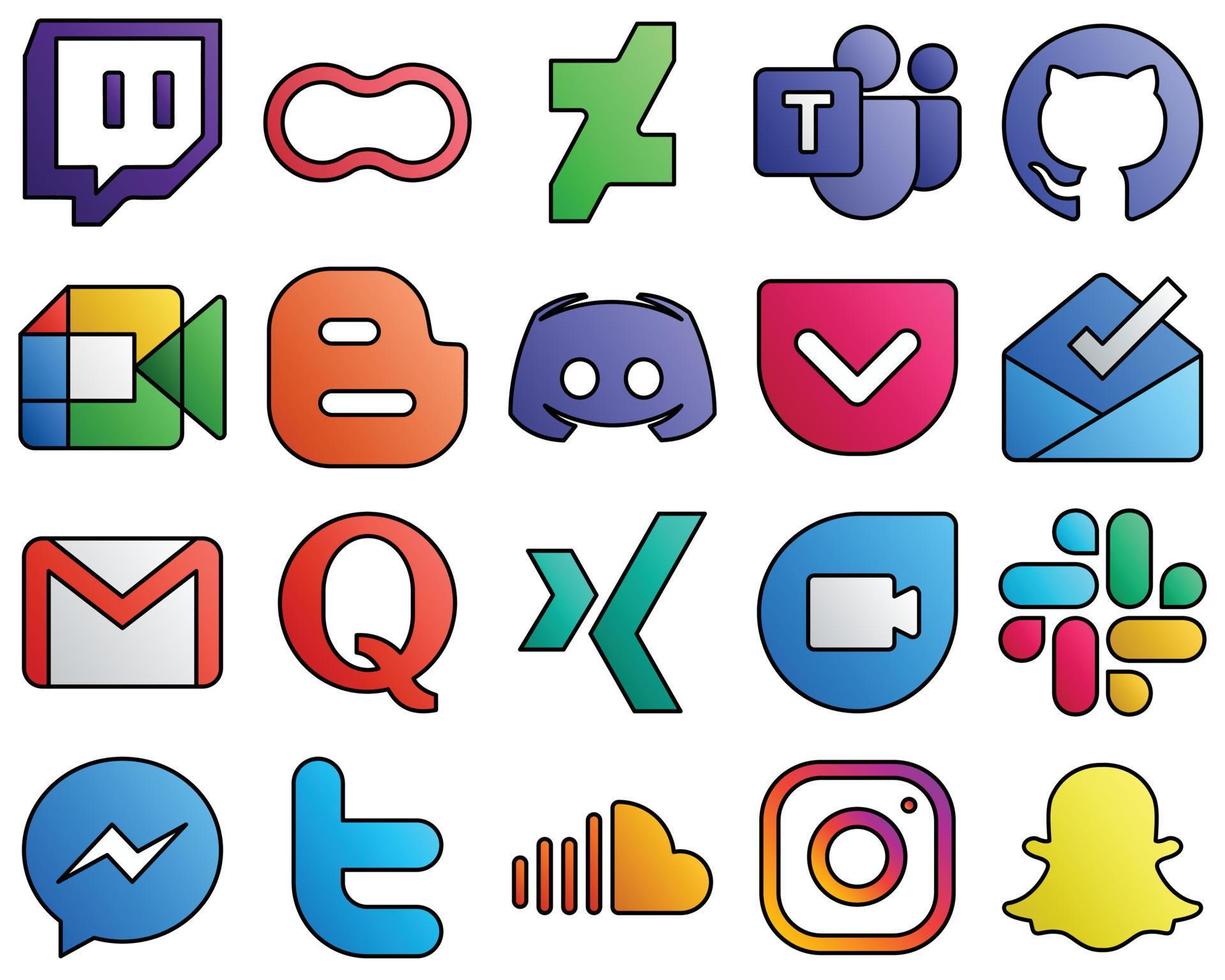 20 Innovative icons pocket. text. google meet. message and blog Filled Line Style Social Media Icons vector