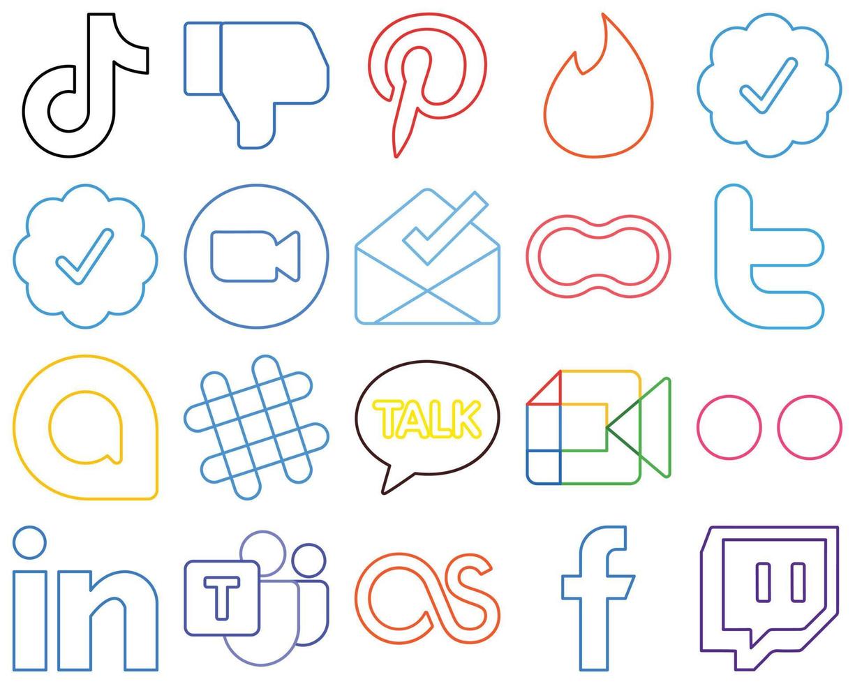 20 Simple Colourful Outline Social Media Icons such as women. peanut. tinder. inbox and meeting Versatile and premium vector