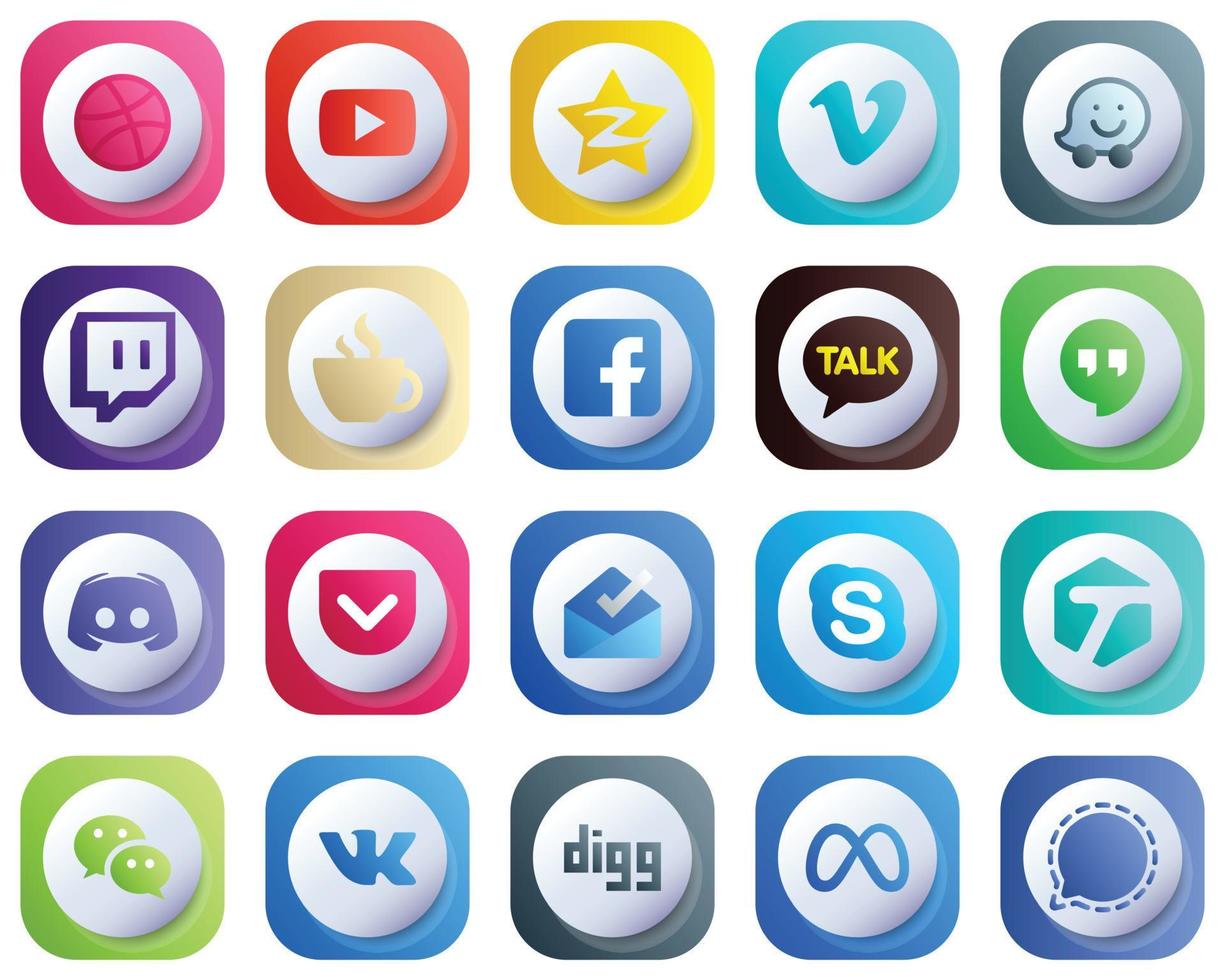 Cute 3D Gradient Social Media Brand Icons 20 pack such as google hangouts. waze and fb icons. High-Definition and Professional vector