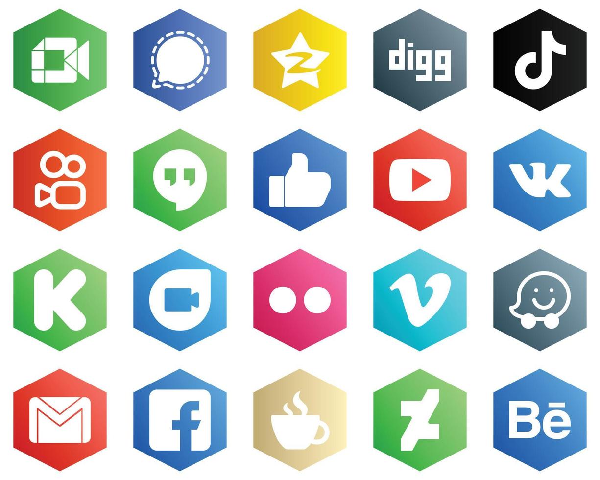 Hexagon Flat Color White Icon Pack such as like. kuaishou and video icons. 25 Unique Icons vector