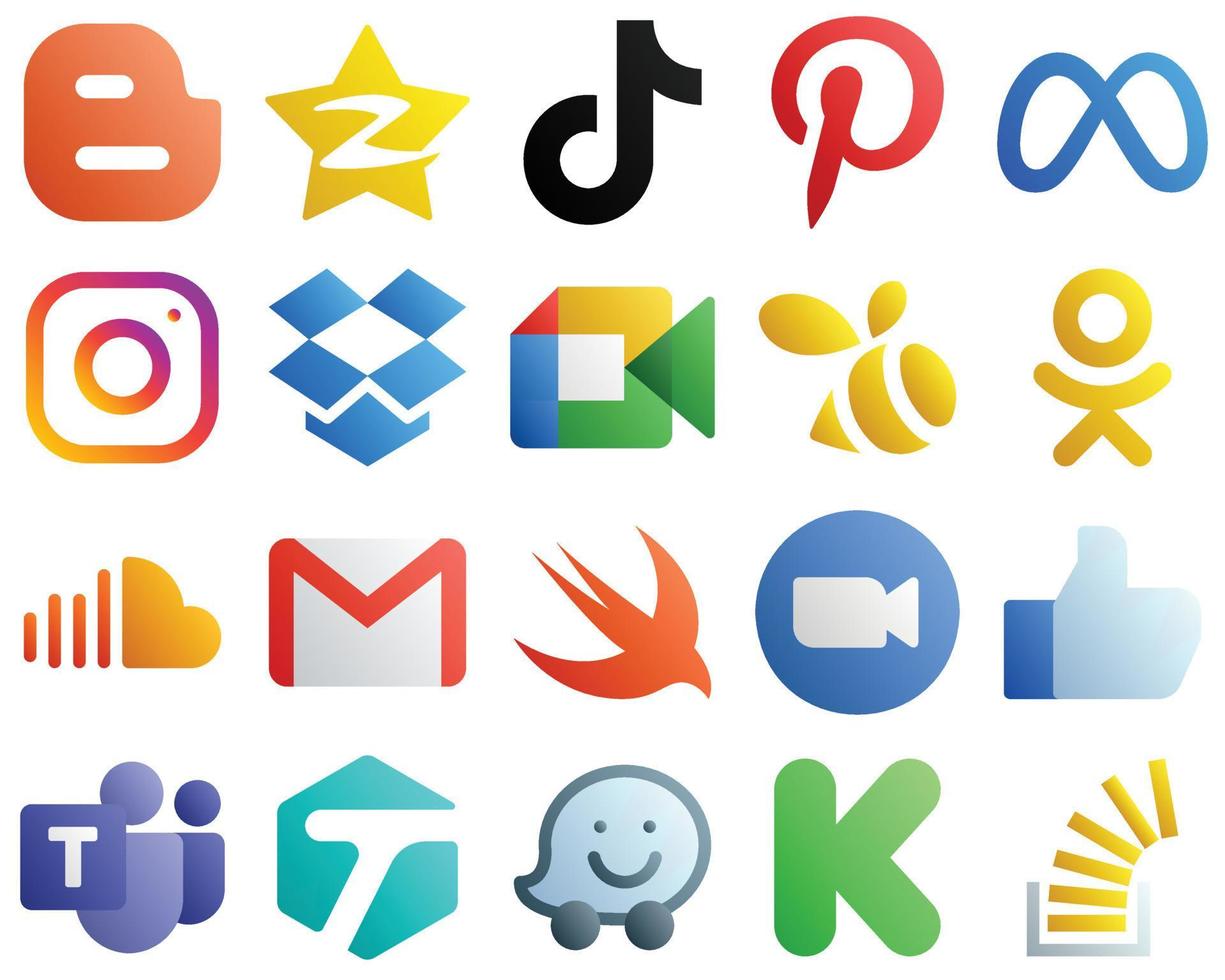 20 Gradient Icons for Top Social Media Platforms such as google meet. china. meta and facebook icons. Minimalist and professional vector