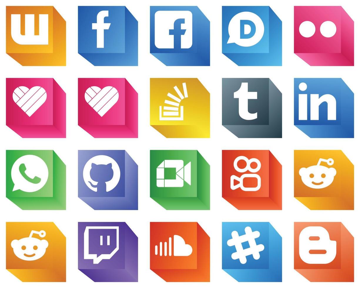 20 3D Icons for Top Social Media Platforms such as google meet. whatsapp. stockoverflow. professional and tumblr icons. Minimalist and professional vector