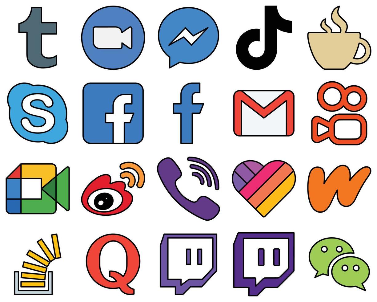 20 Attractive Line Filled Social Media Icons such as chat. tiktok and streaming High-resolution and eye-catching vector