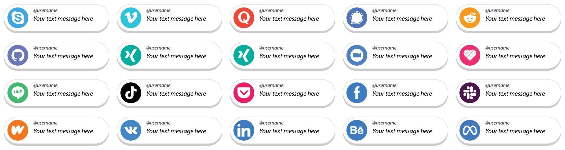 Card Style Follow Me Icons with Customizable Message for Major Social Media 20 pack such as line. meeting and zoom icons. Fully customizable and high quality vector