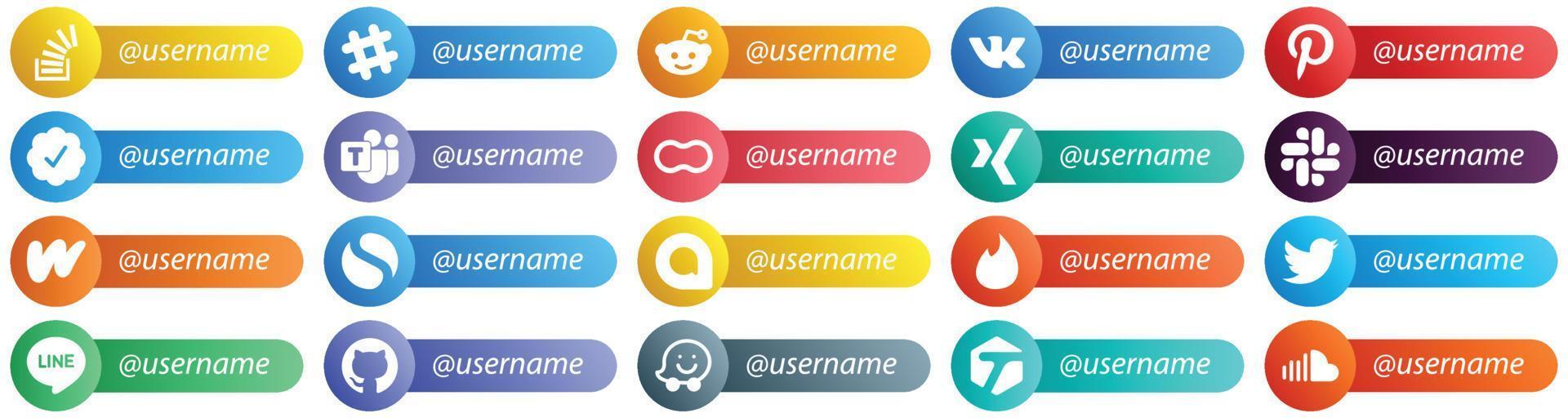 20 Follow me Social Network Platform Icons with Username such as literature. slack. twitter verified badge. xing and mothers icons. High definition and versatile vector
