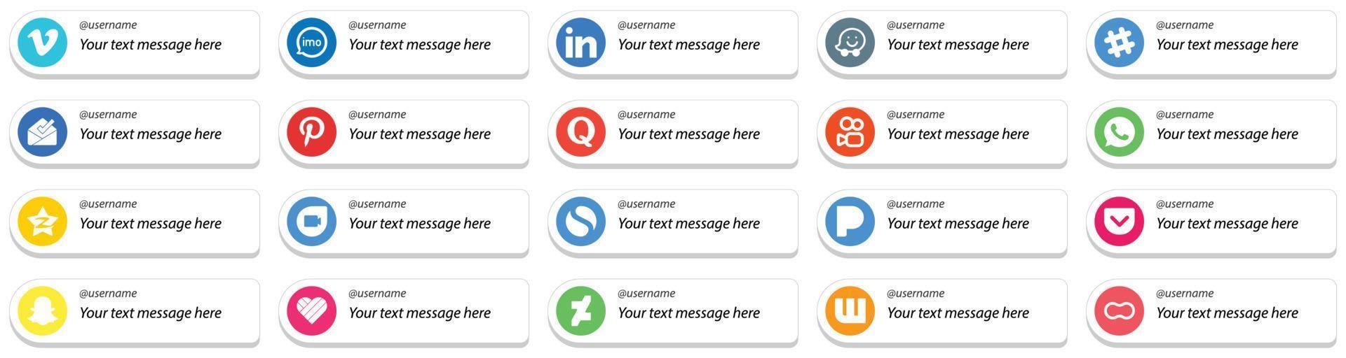 20 estilo de tarjeta elegante sígueme íconos de redes sociales con opción de mensaje personalizado como tencent. whatsapp waze. iconos de kuaishou y quora. profesional y limpio vector