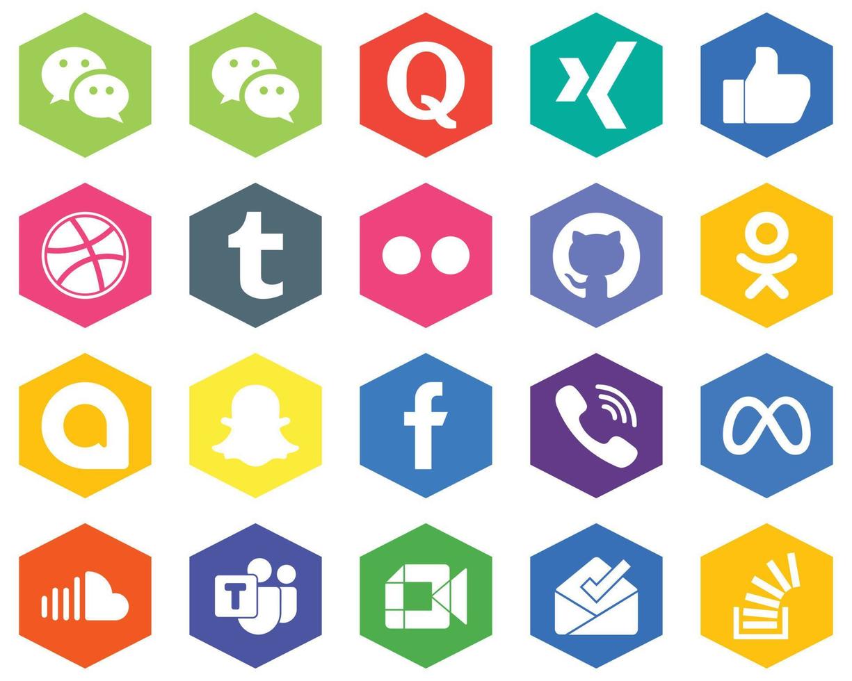 20 íconos blancos versátiles para facebook. Tumblr Snapchat y odnoklassniki fondos de color plano hexagonal vector