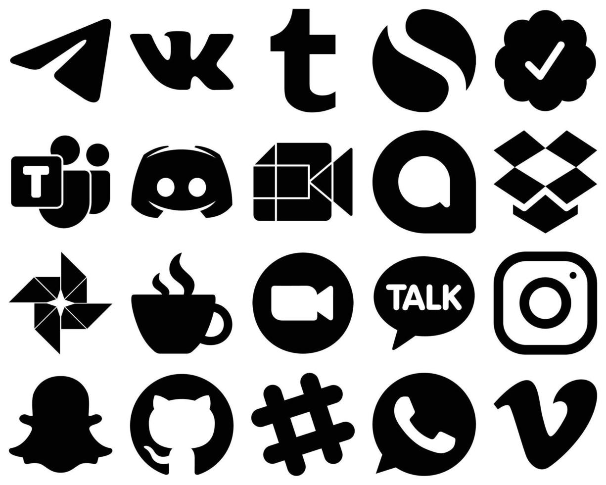 20 Fully Editable Black Glyph Social Media Icons such as dropbox and video icons. High-resolution and editable vector