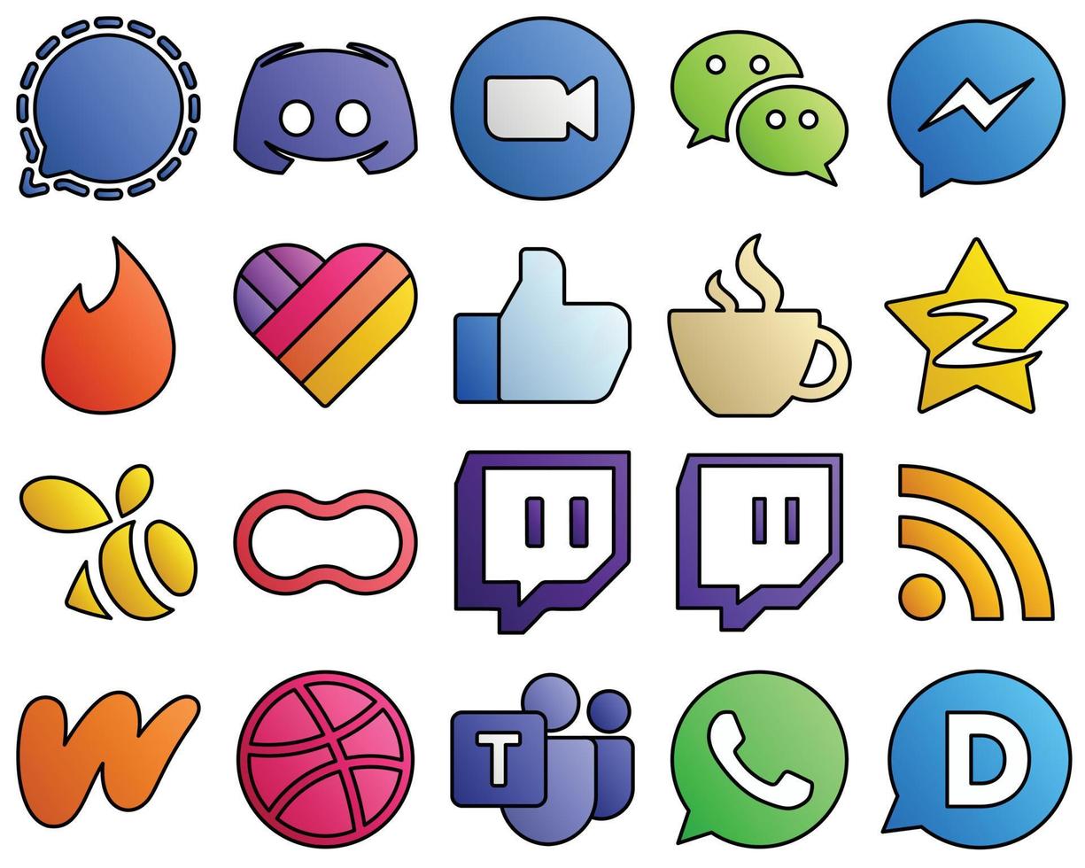 colección de iconos de redes sociales de estilo de línea rellena likee. pensión completa. video. Facebook y Messenger 20 iconos nuevos vector