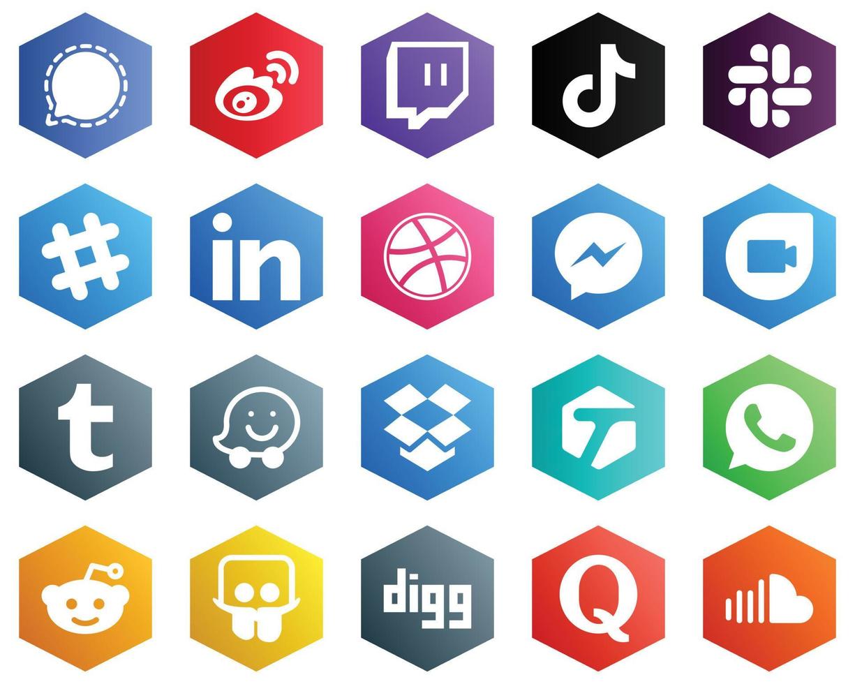 25 íconos blancos frescos como regate. Linkedin. iconos de tiktok y spotify. fondos de color plano hexagonal vector