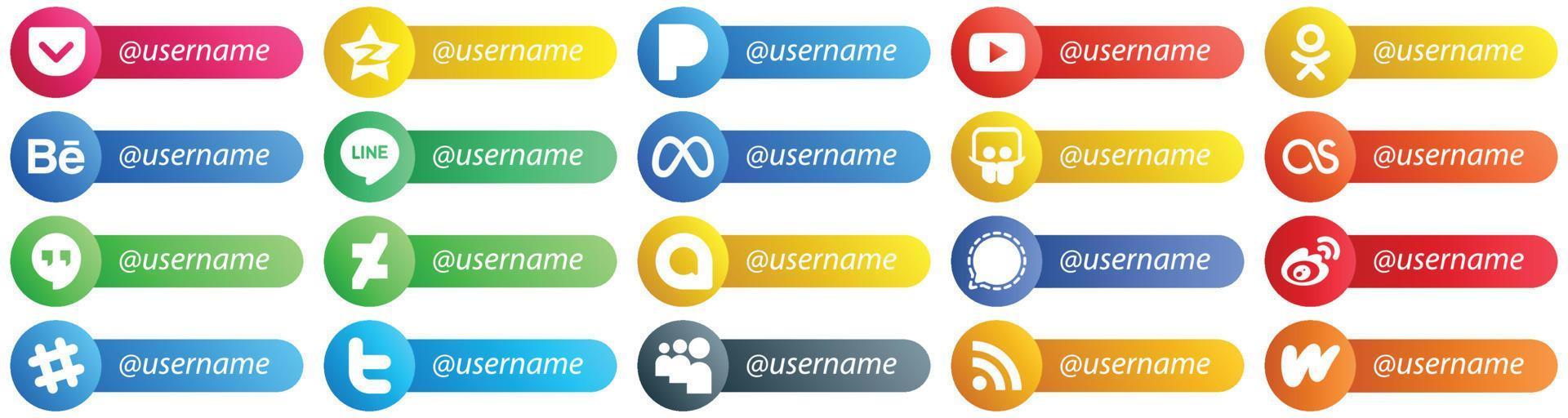 Card Style Follow Me Icons of Top Social Media 20 pack such as signal. deviantart. behance. google hangouts and slideshare icons. Eye catching and editable vector