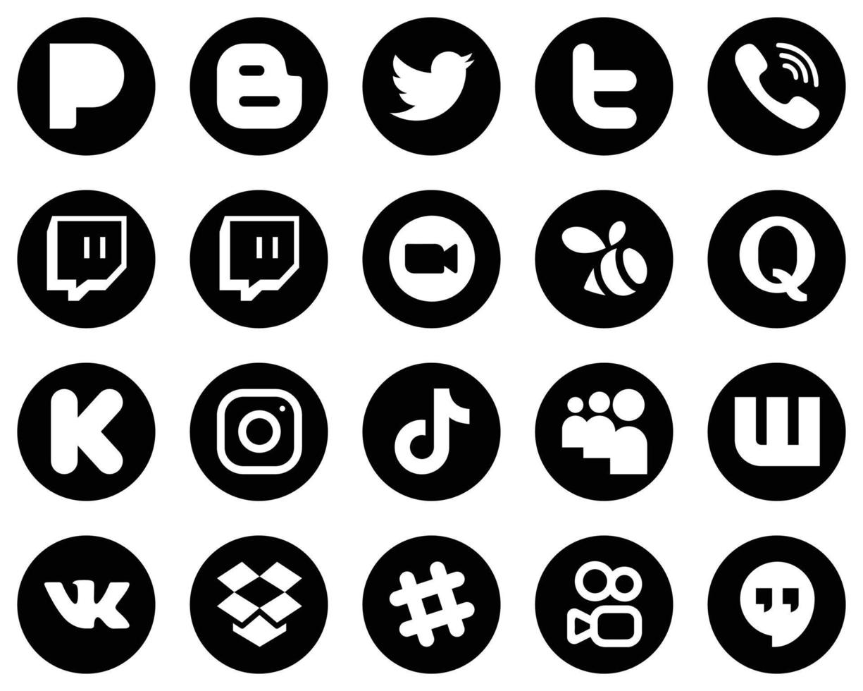 20 Professional White Social Media Icons on Black Background such as funding. question. twitch and quora icons. Editable and high-resolution vector