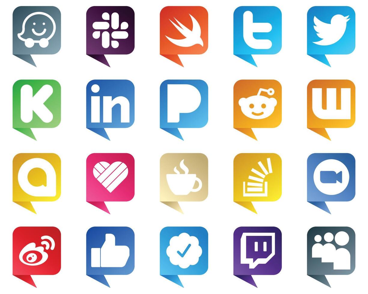 20 íconos únicos de redes sociales con estilo de burbuja de chat, como stockoverflow. transmisión. profesional. iconos de cafeína y google allo. llamativo y de alta definición vector