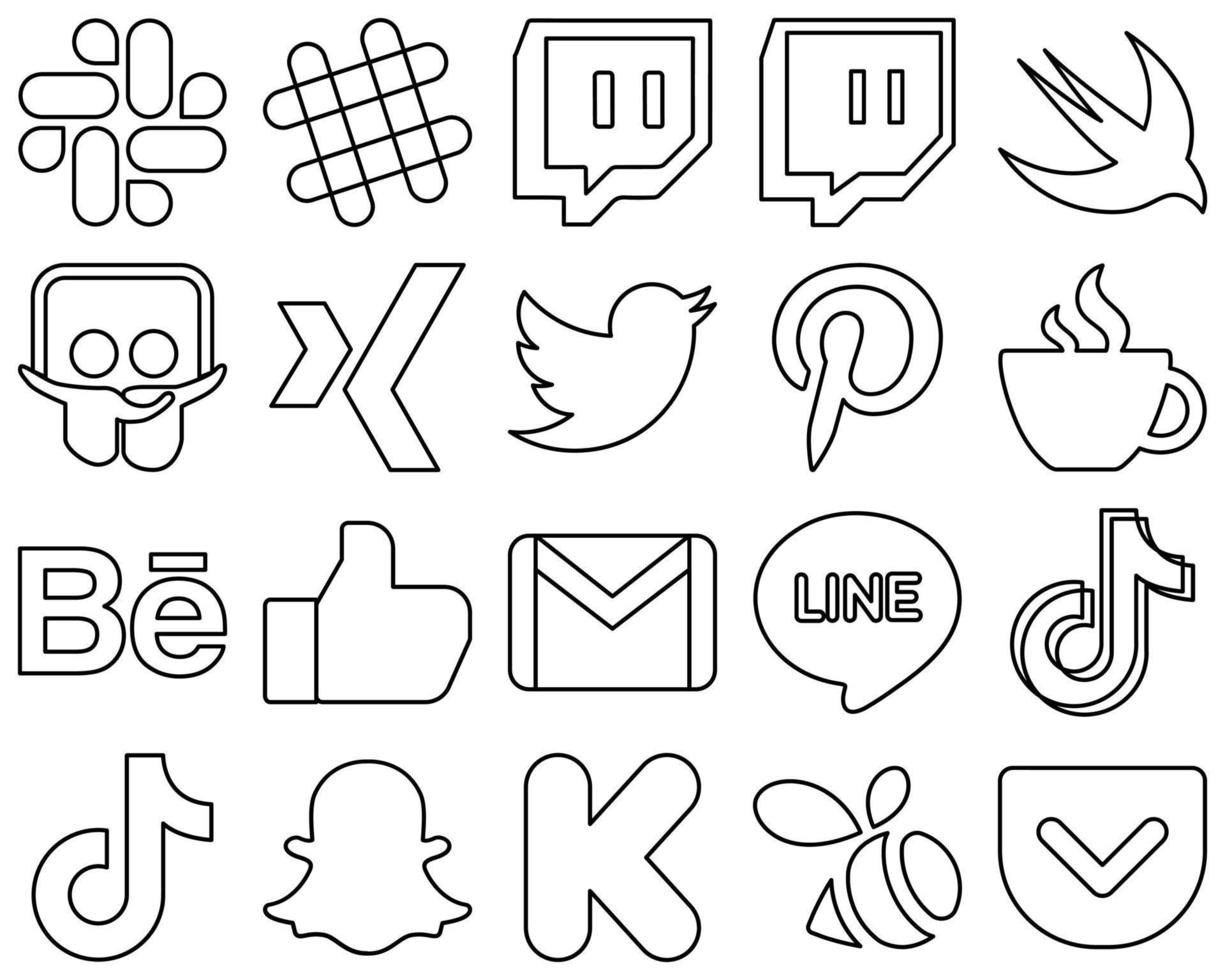 20 High-quality and editable Black Line Social Media Icons such as mail. gmail. pinterest. facebook and behance icons. Eye-catching and high-quality vector