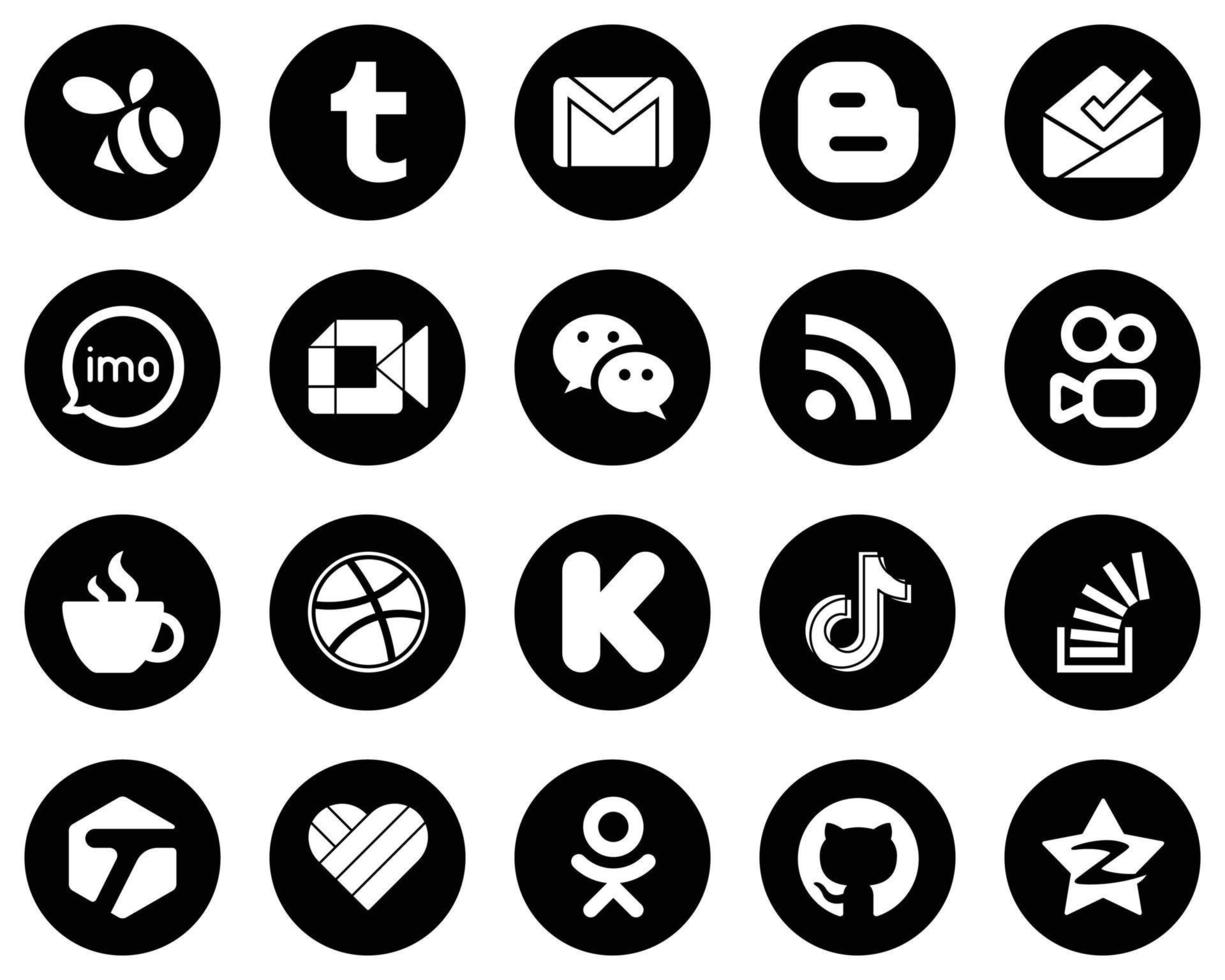 20 íconos únicos de redes sociales en blanco sobre fondo negro, como rss. wechat Iconos de reunión de imo y google. elegante y de alta resolución vector