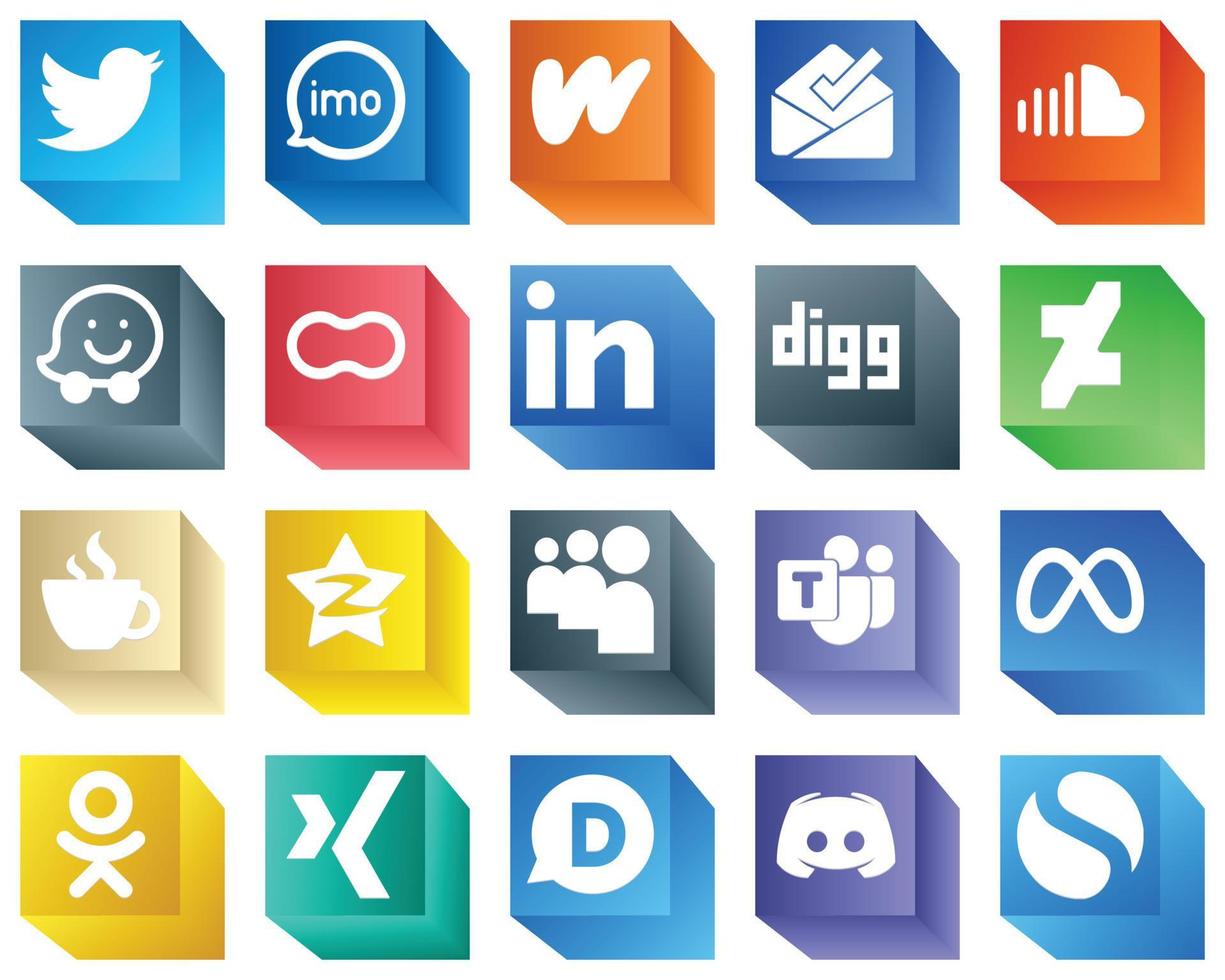 El icono de redes sociales 3d establece 20 iconos como profesional. mujeres. bandeja de entrada. madres e iconos de waze. elegante y de alta resolución vector