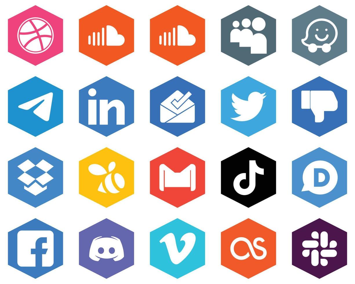 20 High-quality White Icons swarm. facebook. dislike and twitter Hexagon Flat Color Backgrounds vector