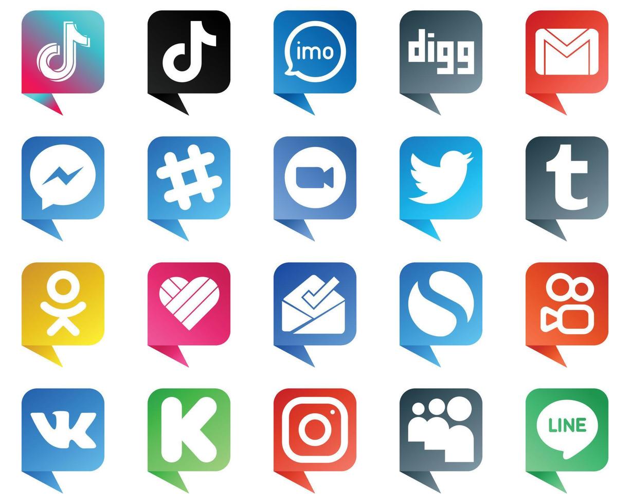 20 íconos únicos de redes sociales con estilo de burbuja de chat, como zoom. pensión completa. iconos de facebook y correo. llamativo y de alta definición vector