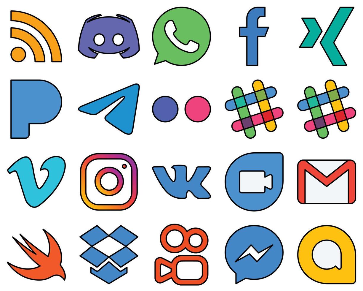 20 Eye-catching Line Filled Social Media Icons such as spotify. flickr. fb and telegram High-quality and customizable vector