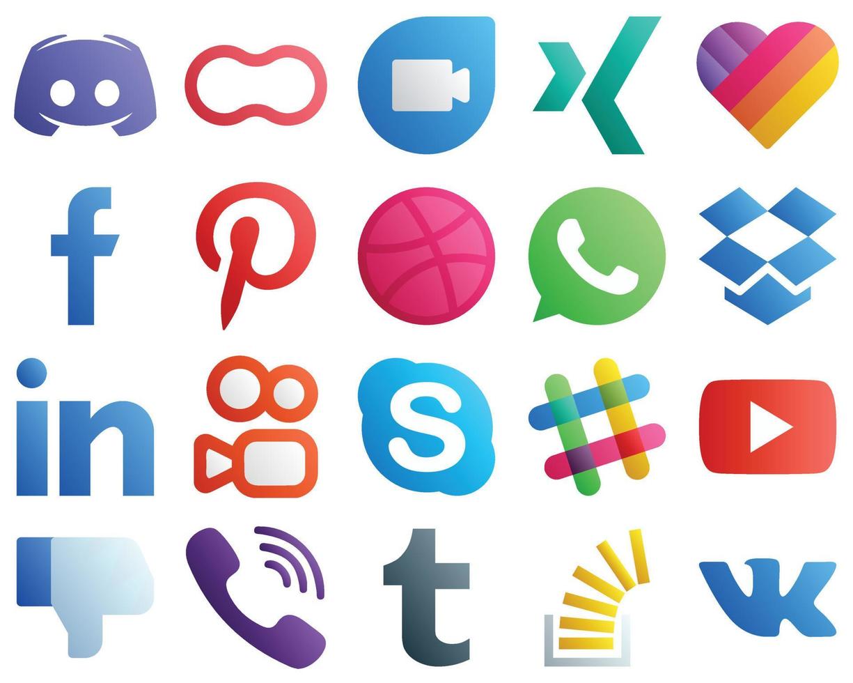 20 íconos simples de redes sociales degradados como linkedin. whatsapp iconos de xing y regate. moderno y minimalista vector