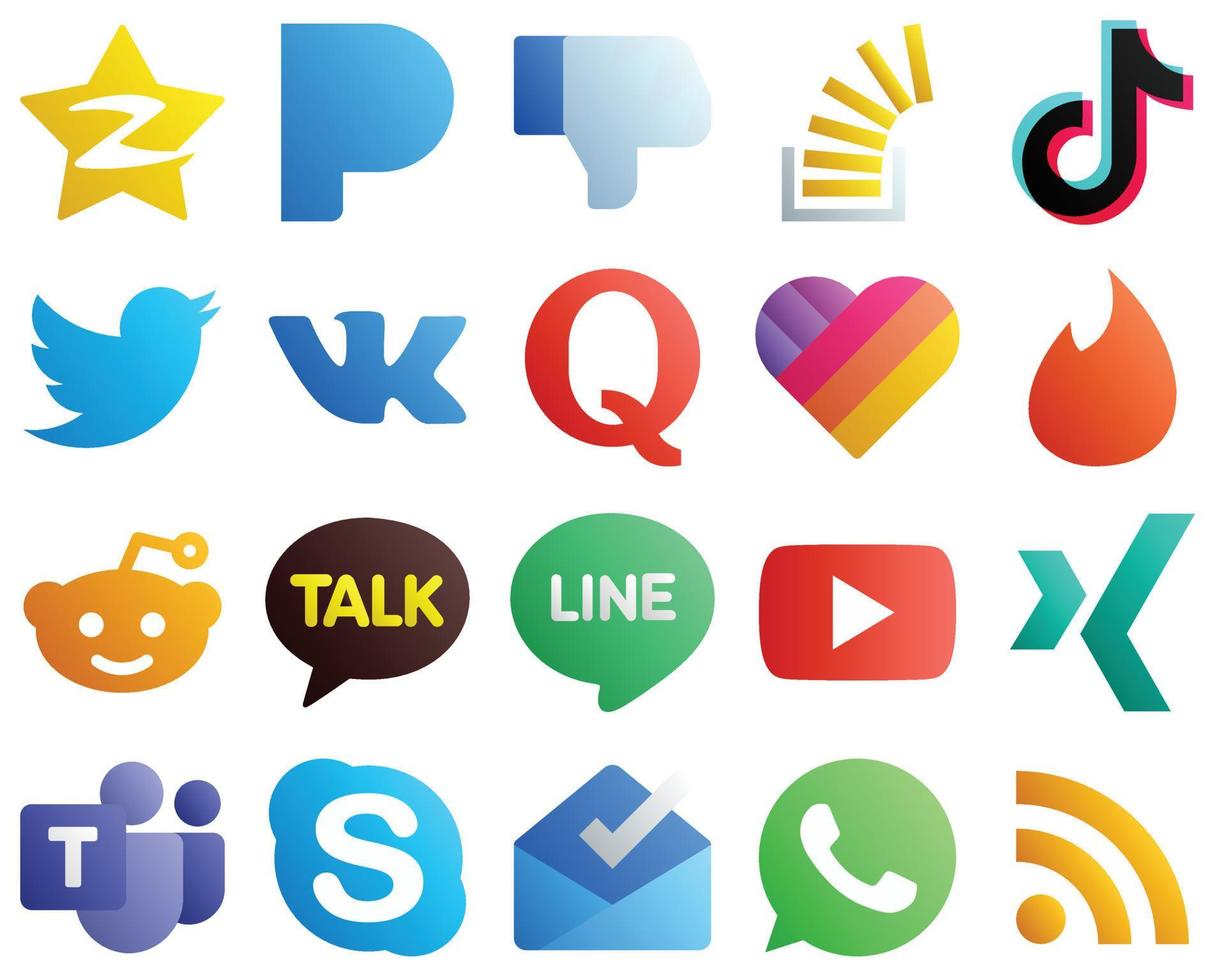 conjunto de iconos de marca de medios sociales degradados 20 iconos como vk. gorjeo. iconos de acciones y videos. premium y de alta calidad vector