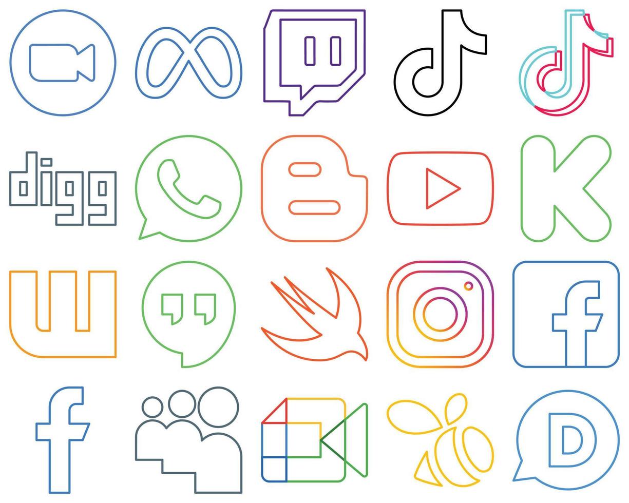 20 iconos de redes sociales de contorno colorido profesional establecidos como video. Blog. douyin blogger y digg personalizable y único vector