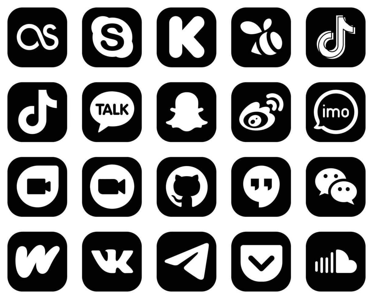 20 íconos de medios sociales blancos de alta resolución sobre fondo negro como imo. China. video. iconos de sina y snapchat. limpio y profesional vector