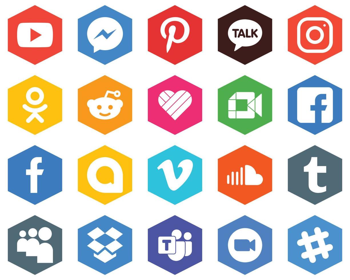 conjunto de iconos blancos de color plano hexagonal fb. meta. video y me gusta 20 iconos con estilo vector