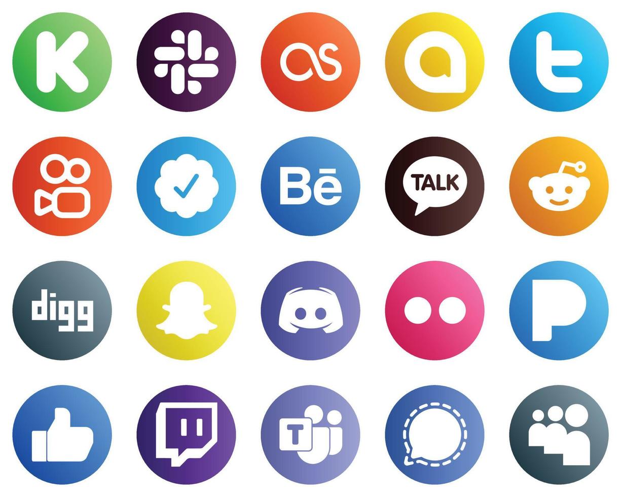 20 íconos de redes sociales para todas sus necesidades, como mensajes. insignia verificada de twitter. iconos de discordia y excavación. creativo y profesional vector