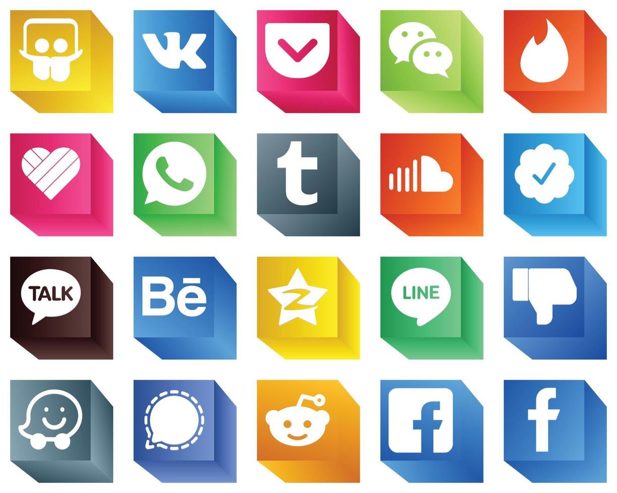 20 3D Social Media Brand Icons such as qzone. tumblr. behance and twitter verified badge icons. Modern and high-quality vector