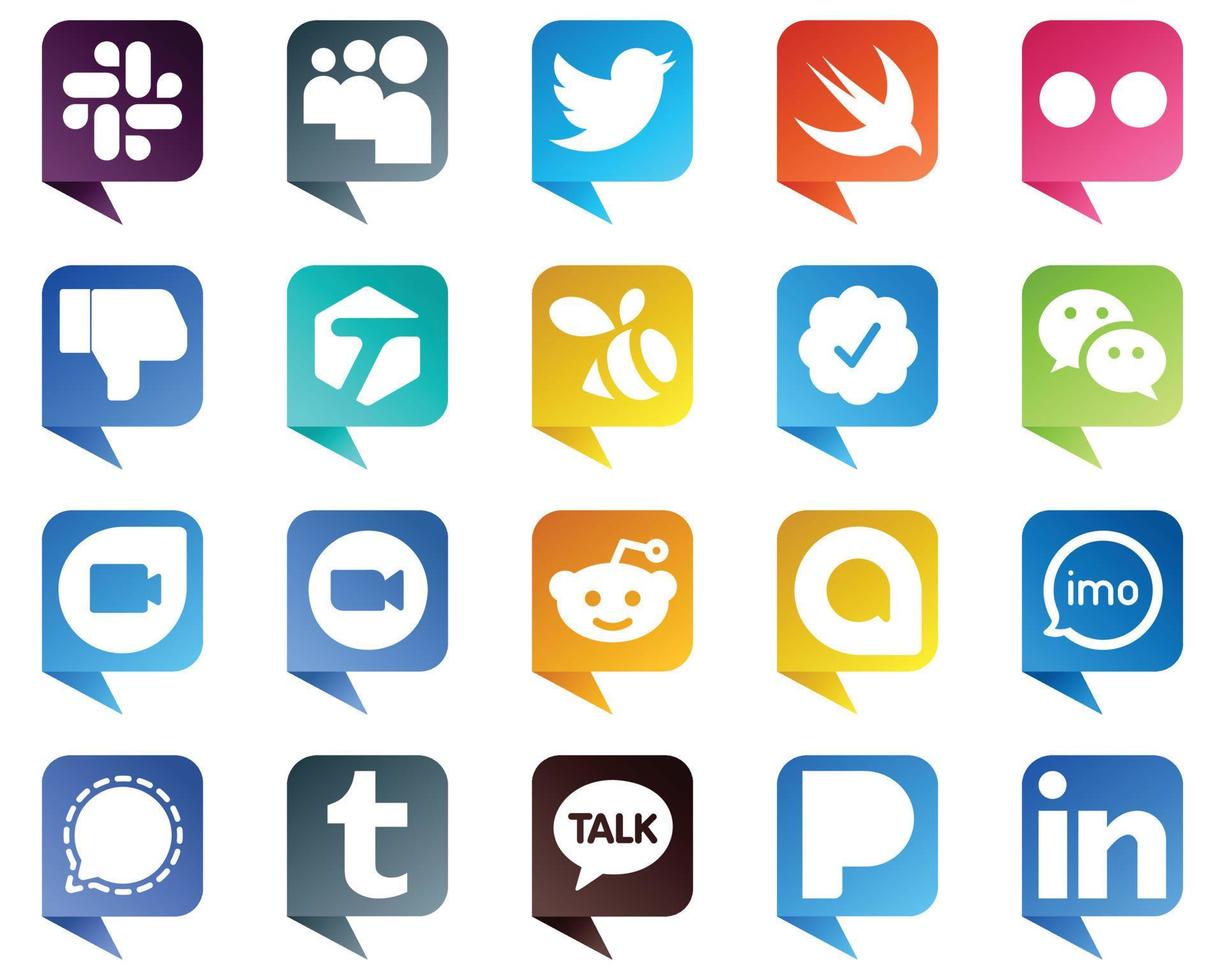 Chat bubble style Icons of Top Social Media 20 pack such as meeting. zoom. facebook. google duo and wechat icons. Versatile and professional vector