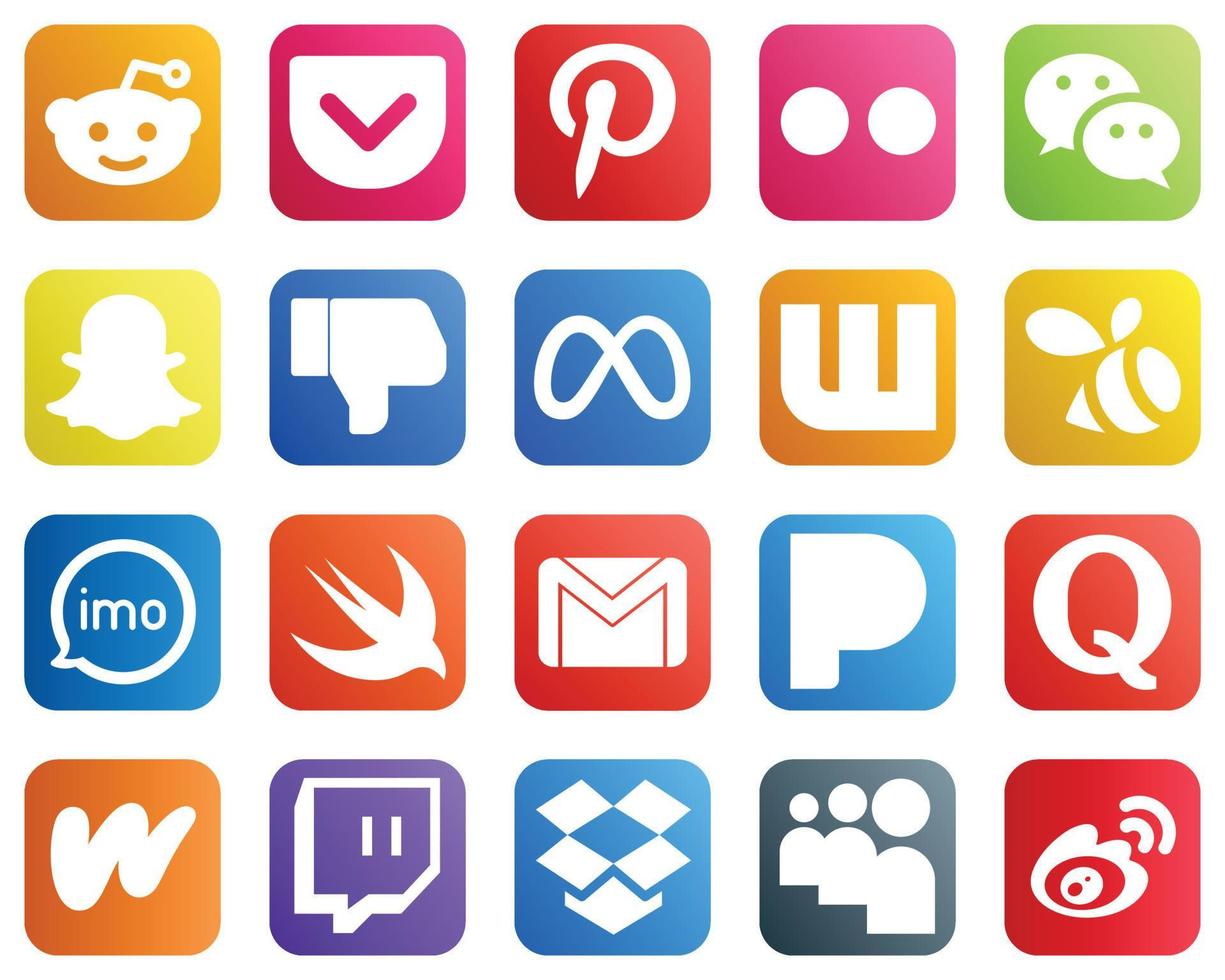 20 íconos minimalistas de redes sociales como audio. disgusto. iconos de imo y wattpad. único y de alta definición vector