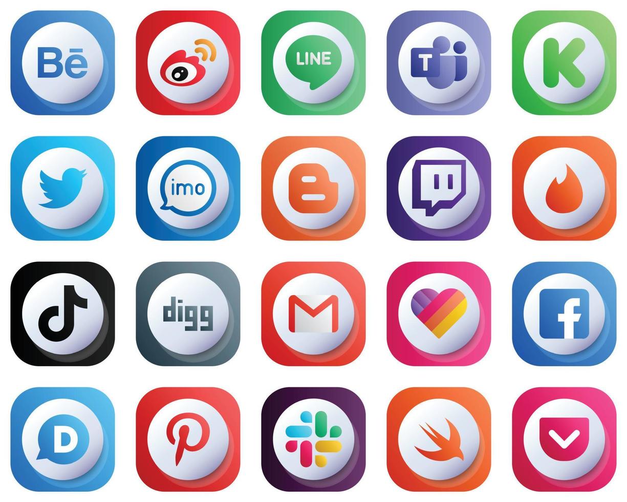 20 Cute Unique 3D Gradient Social Media Icons such as blog. kickstarter. video and imo icons. Customizable and Professional vector