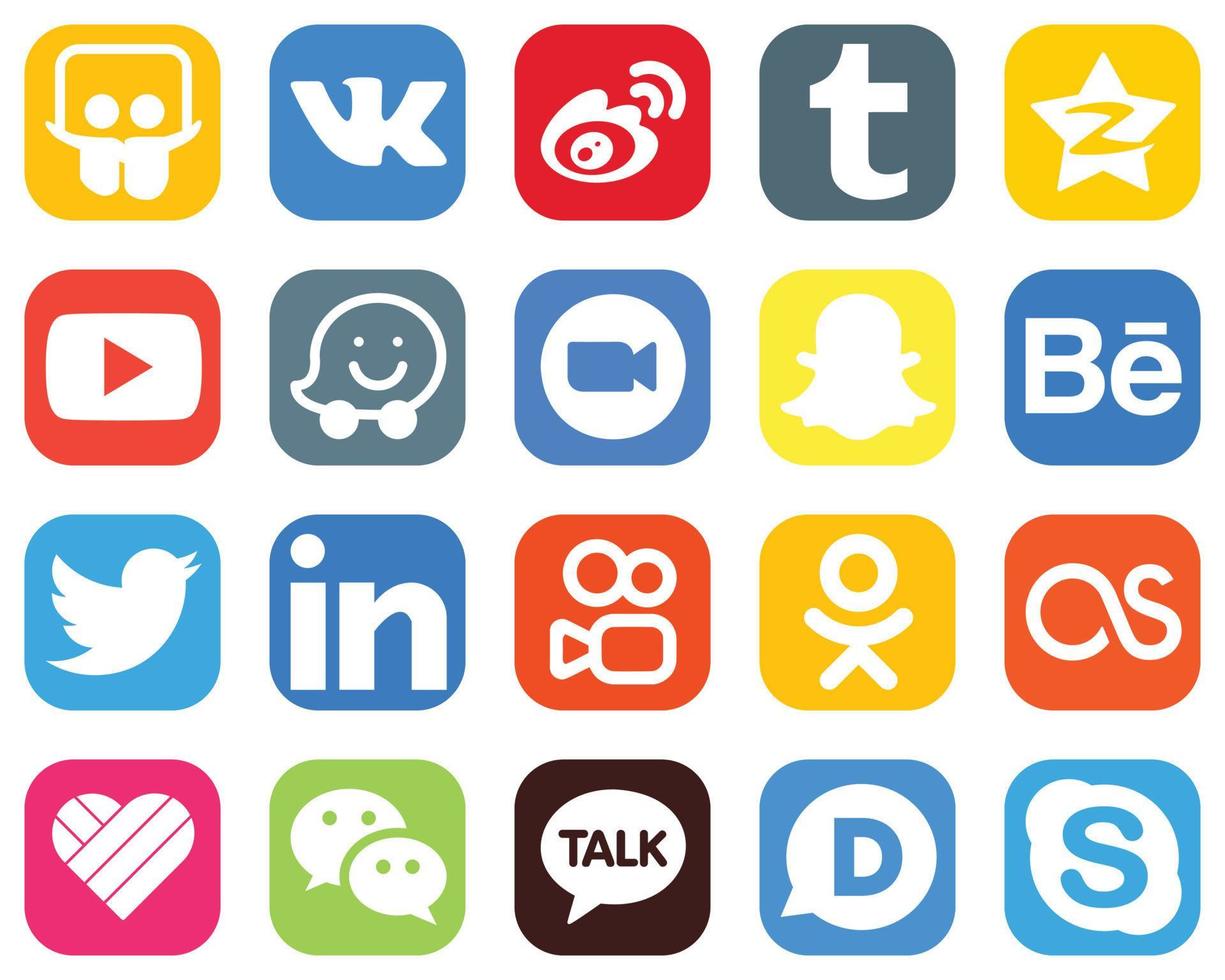 20 Unique Social Media Icons such as snapchat. meeting. tencent. video and waze icons. Gradient Icons Pack vector