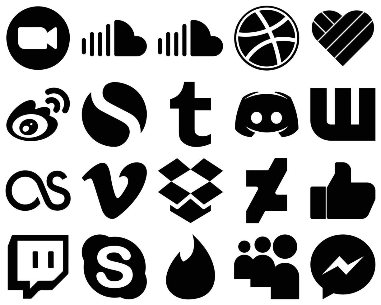 20 Modern Black Solid Social Media Icon Set such as text. discord. likee and tumblr icons. Customizable and unique vector