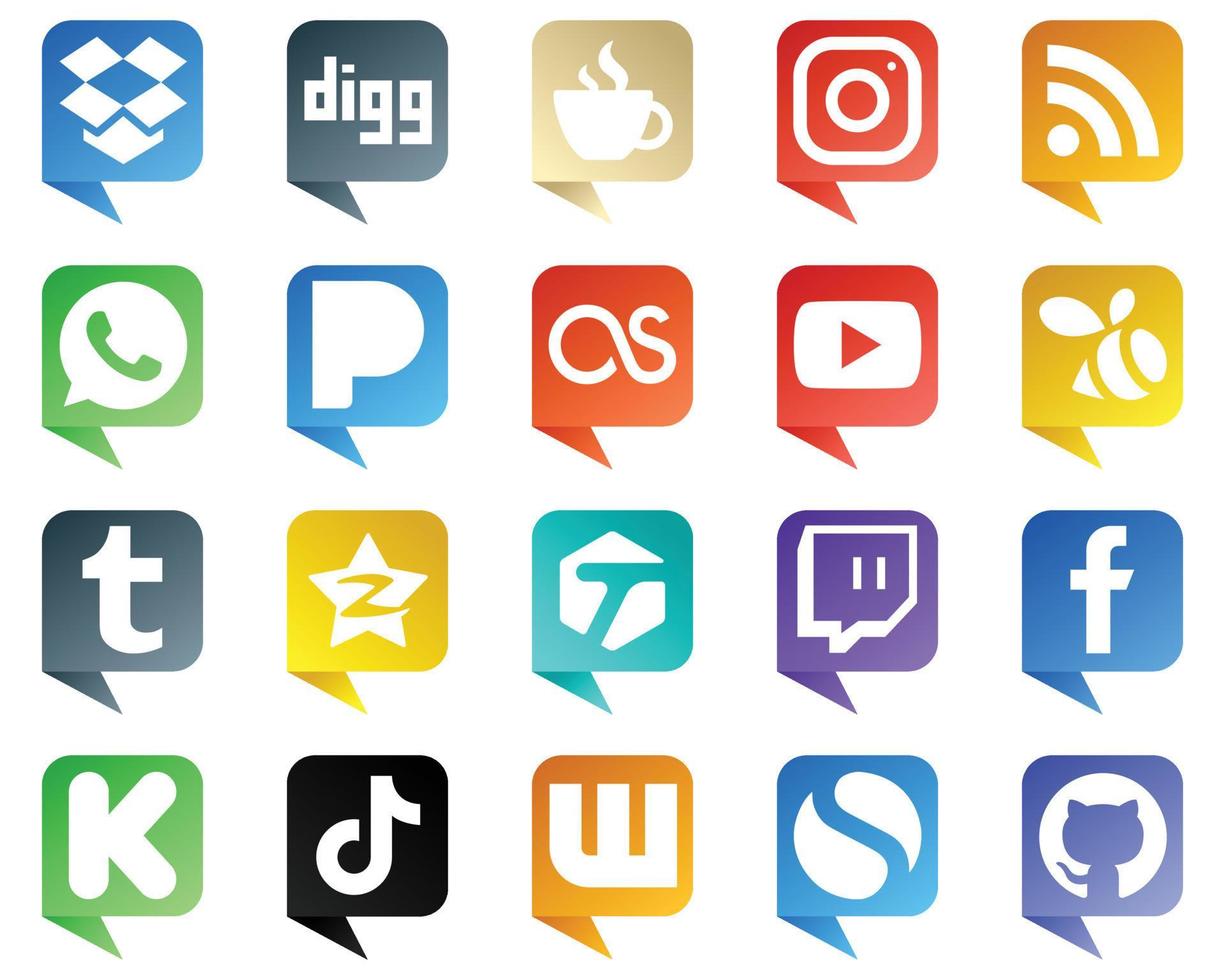 iconos de estilo de burbuja de chat del paquete de 20 redes sociales principales, como qzone. enjambre. rss. iconos de video y lastfm. limpio y profesional vector