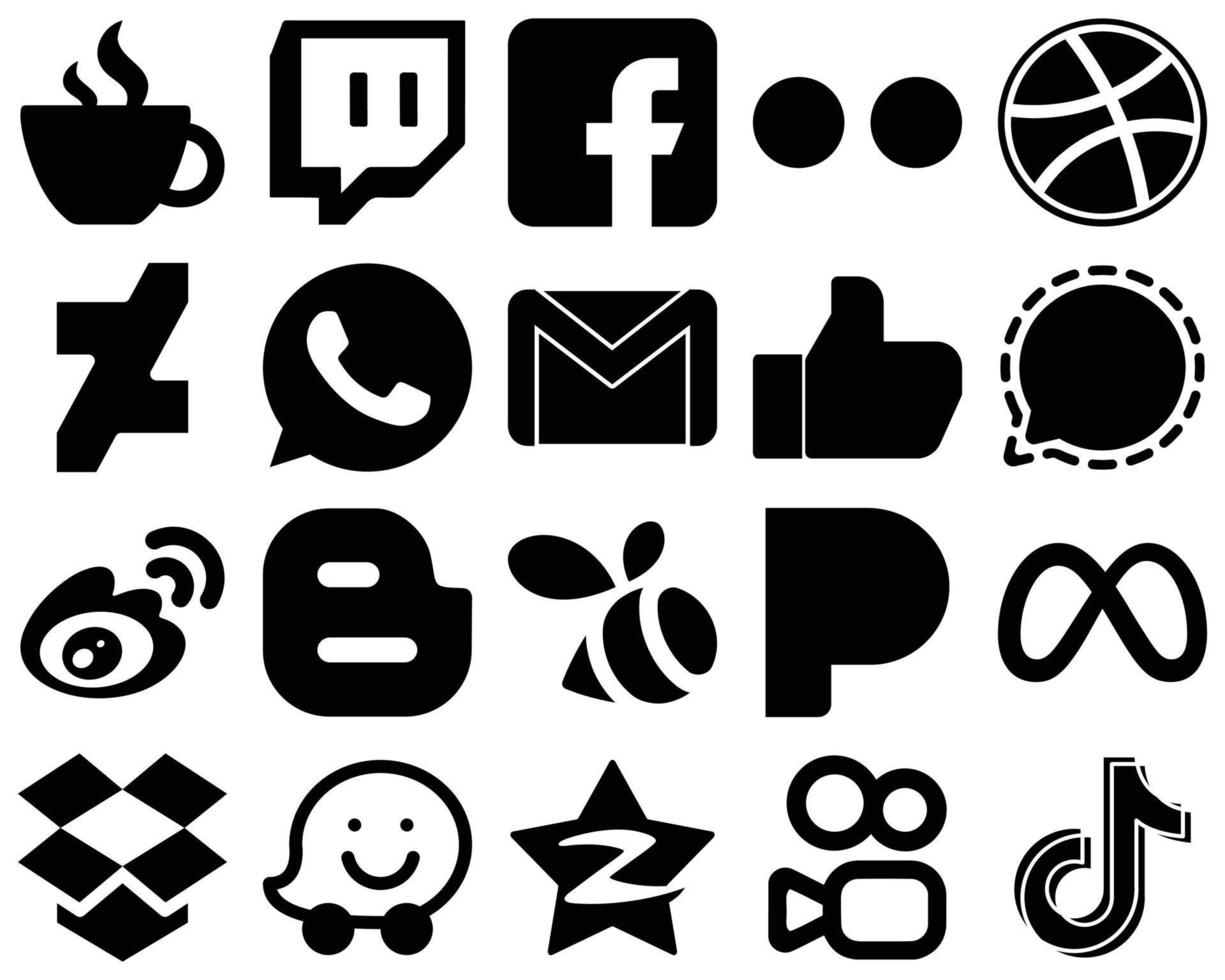 20 Creative Black Solid Icon Set such as signal. like. yahoo. mail and gmail icons. Fully editable and versatile vector