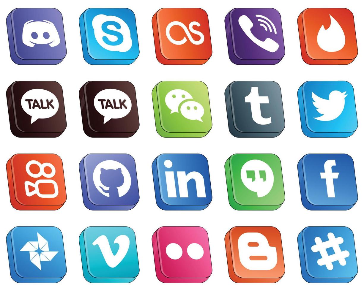 20 Isometric 3D Icons for Top Social Media Platforms such as kuaishou. twitter. rakuten. tumblr and wechat icons. Minimalist and professional vector