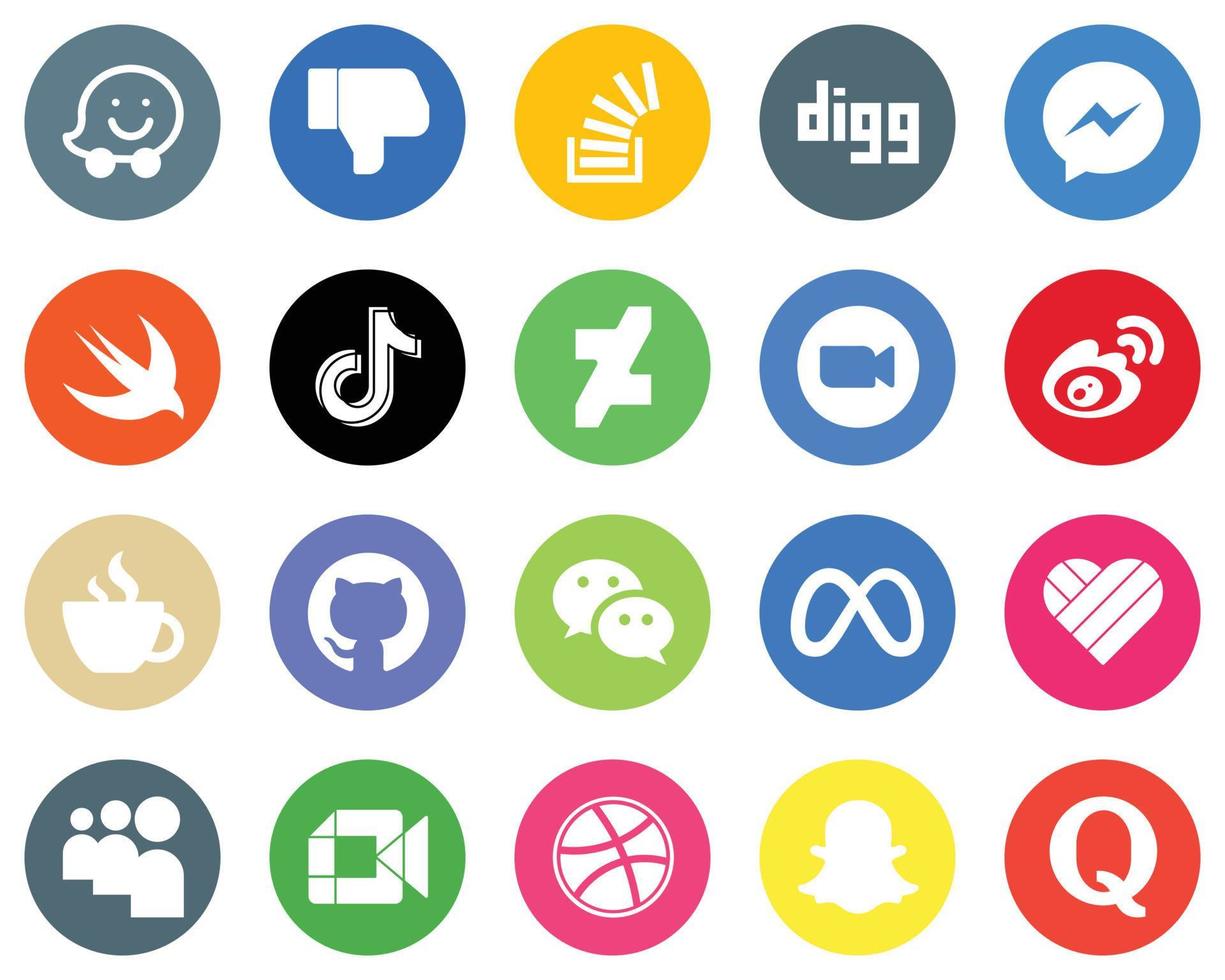 20 iconos blancos versátiles deviantart. China. Mensajero. fondos de círculo plano de video y tiktok vector