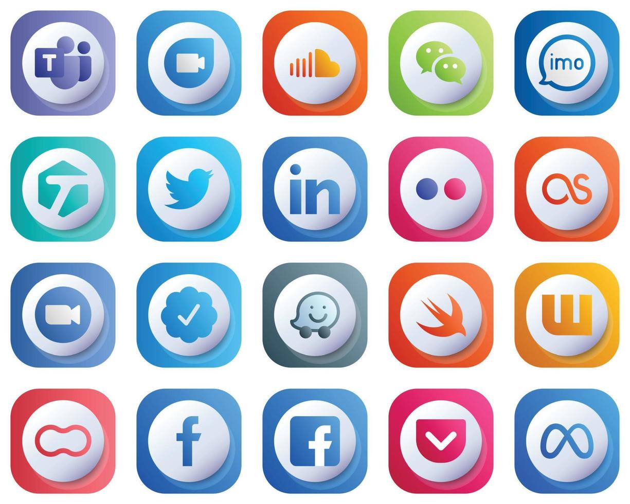 20 Cute Modern 3D Gradient Social Media Icons such as flickr. linkedin. imo. tweet and tagged icons. Fully Editable and Modern vector