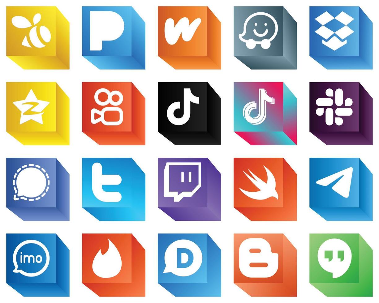 3D Social Media Brand Icons for Mobile App 20 Icons Pack such as mesenger. slack and video icons. Fully customizable and high-quality vector