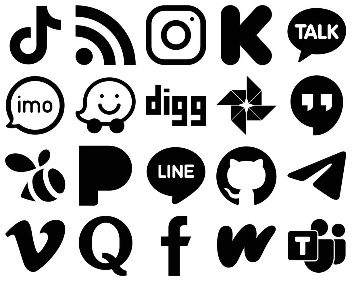 20 elegantes íconos negros sólidos de redes sociales como waze. video. meta. iconos de audio y kakao talk. creativo y llamativo vector