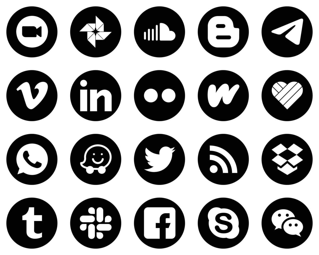 20 íconos de redes sociales blancos de alta definición sobre fondo negro como flickr. Linkedin. blogger e íconos de video. profesional y limpio vector