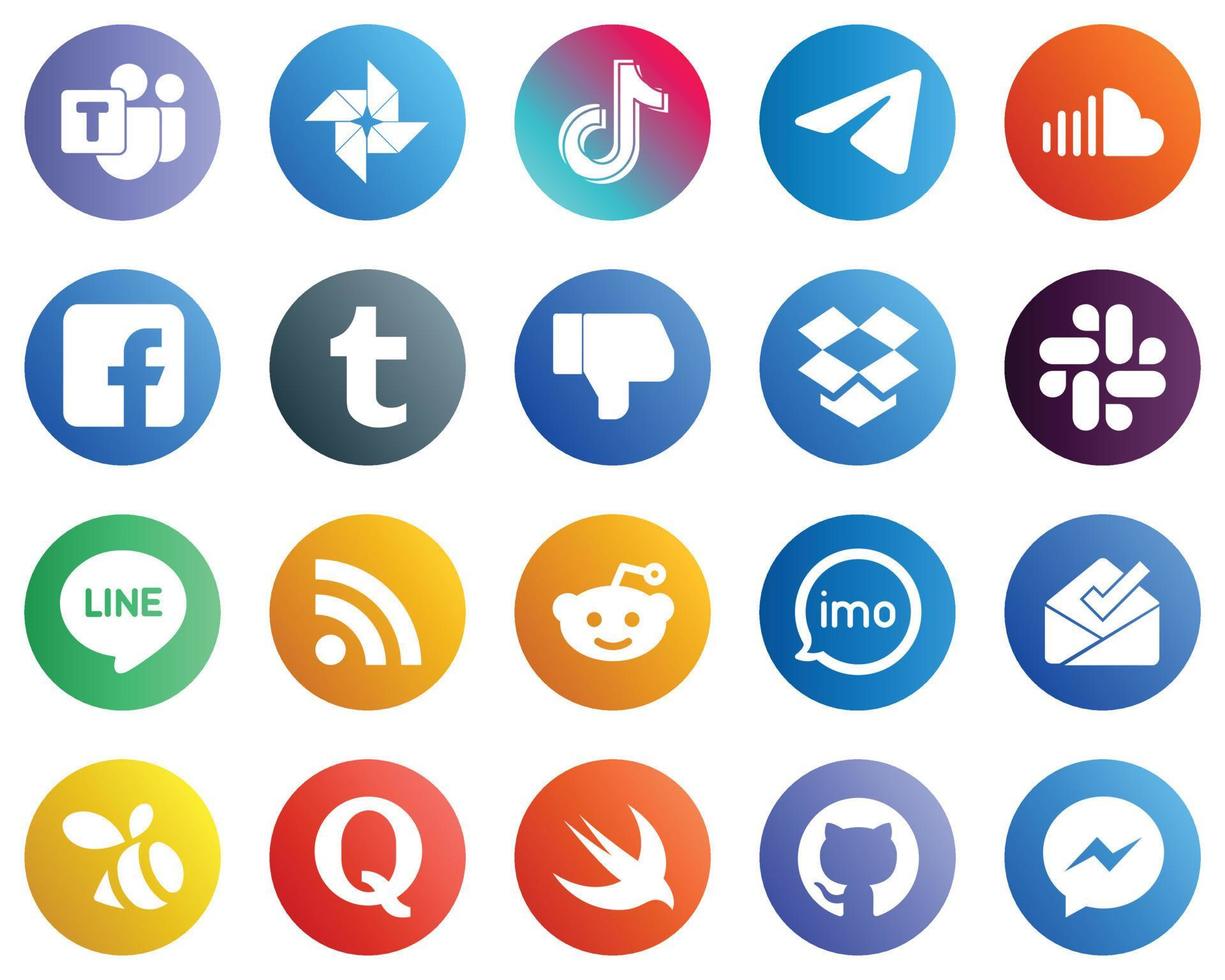 20 íconos de redes sociales de alta calidad como tumblr. pensión completa. telegrama. iconos de facebook y sonido. moderno y de alta calidad vector