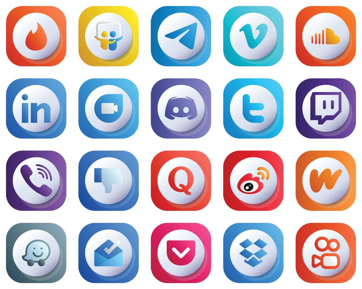 20 Cute 3D Gradient Icons for Top Social Media Platforms such as twitter. text. sound. message and google duo icons. Editable and Simple vector