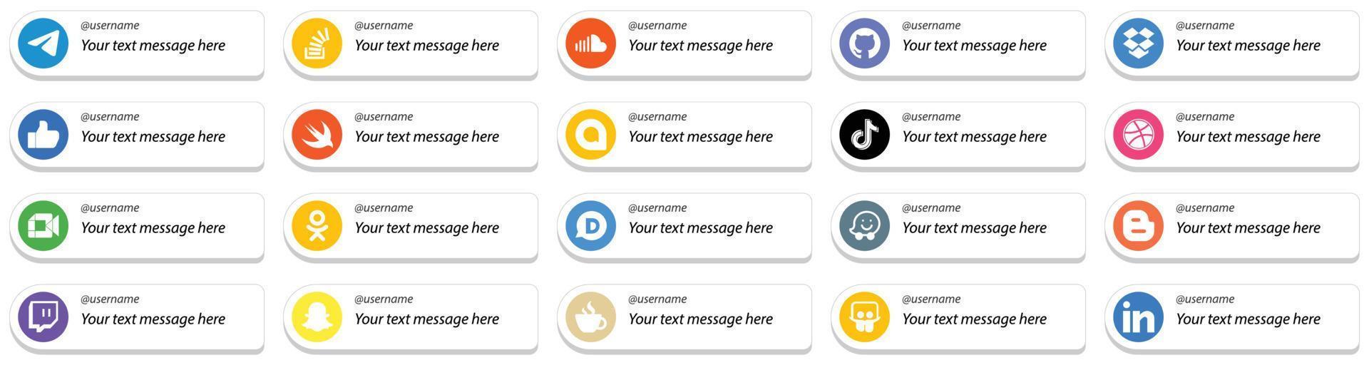 20 Card Style Follow Me Social Media Platform Icons with Custom Message Option such as douyin. google allo. sound. swift and like icons. High definition and versatile vector