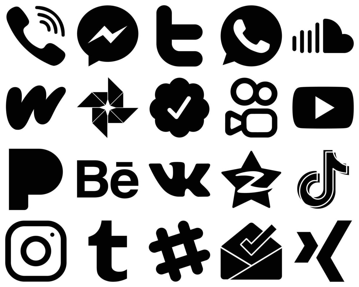20 Professional Black Solid Social Media Icons such as youtube. twitter verified badge. whatsapp. google photo and wattpad icons. High-resolution and fully customizable vector